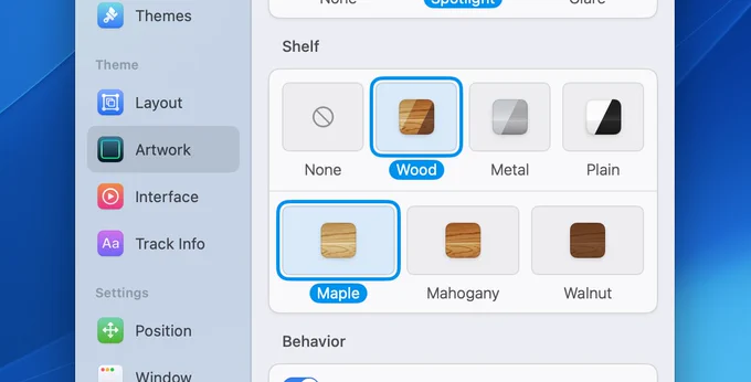 A screenshot of the new shelf settings in Sleeve, a music utility app for macOS