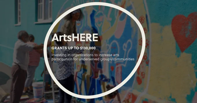 “ArtsHere. Grants up to $130,000. Investing in organizations to increase arts participation for underserved groups/communities.” in white text within a white outline of a sphere. Blurred behind the text, folks of color paint a colorful mural, outside.