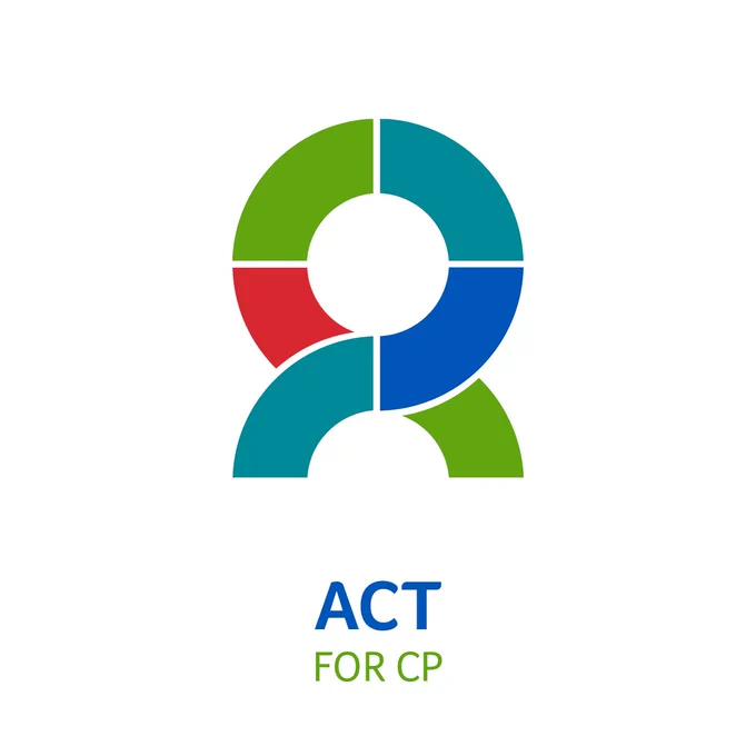A white background with an icon of an abstract circular shape and text below, “Act for CP”