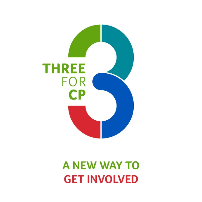 A white background with the 3forCP logo and text below, “A new way to get involved”