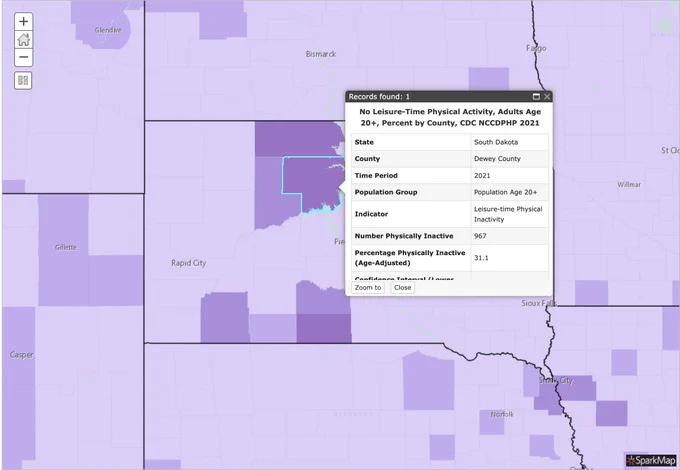 Map showing 31.1% of adults over age 20 in Dewey County, SD reported no leisure time physical activity in 2021