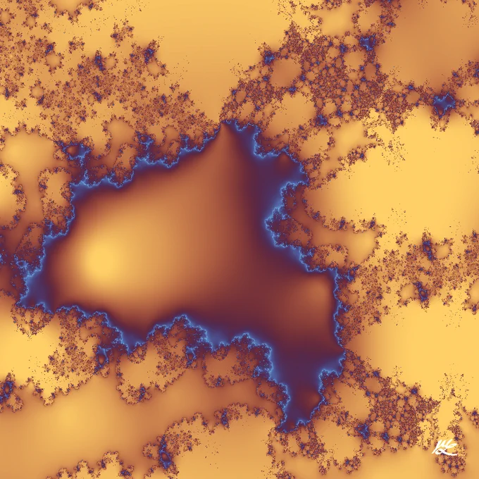 A glowing blue fractal loop surrounds a smooth golden plane, darkening towards the blue fringe. Outside the loop is a fractal froth in gold and brown with a few crinkles of blue.