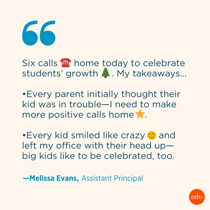 Six calls home today to celebrate students’ growth. My takeaways…

•Every parent initially thought their kid was in trouble—I need to make more positive calls home.

•Every kid smiled like crazy and left my office with their head up—big kids like to be celebrated, too.

– Melissa Evans, Assistant Principal