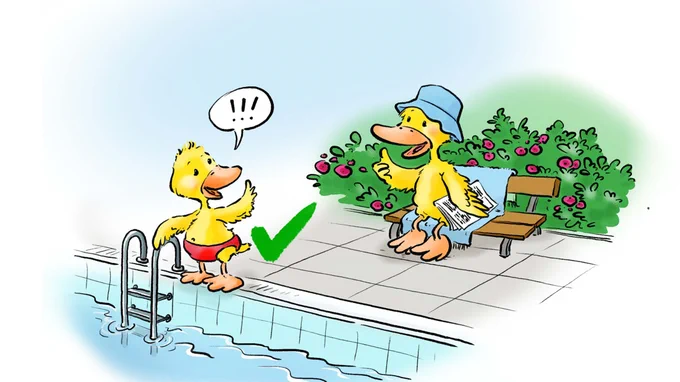 Das Bild illustriert die Baderegel "Ich sage Bescheid, wenn ich ins Wasser gehe". Es zeigt zwei Enten. Die kleinere der beiden steht am Beckenrand und winkt einer größeren auf einer Bank sitzend zu. Diese gibt mit einem Daumen hoch ihr Okay.
