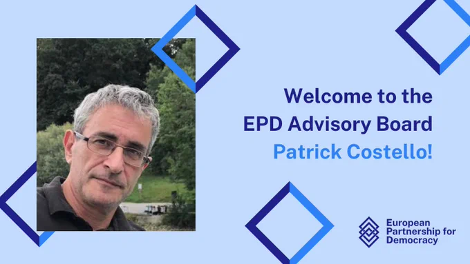 The image shows a welcome card with the picture of Patrick Costello and a writing that reads "Welcome to the EPD Advisory Board Patrick Costello!". 