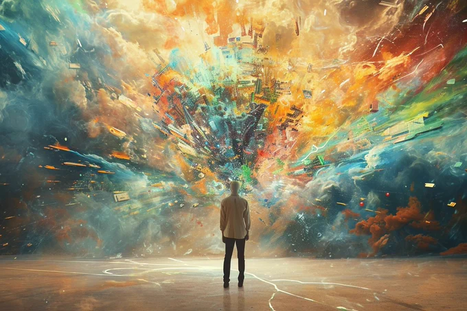 Midjourney :Caucasian figure in a mundane setting like a room or park, surrounded by an explosion of imaginative elements. Fantastical landscapes, mythical creatures, and futuristic cities emanate from their head, contrasting with the realistic environment. Vivid colors, light beams, and symbols of creativity like paintbrushes intermingle, visualizing Carl Sagan's quote on the power of imagination to transcend reality --ar 3:2 --style raw --v 6.0