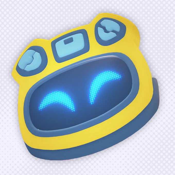 A 3D render of a characer called Dusty, a sentient Robot Vacuum cleaner, with a yellow and blue colour scheme, it's making a happy expression denoted by it's eyes closed in a uplifting manner, his eyes are illustrated by an assortment of blue pixels on a display.