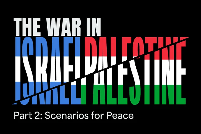 Graphic text for "The War in Israel/Palestine" in the flag colors for Israel and Palestine.