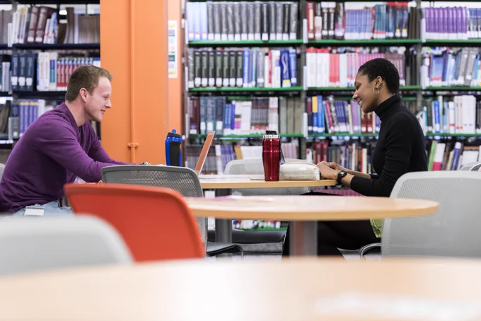 Two students studying in the library study space