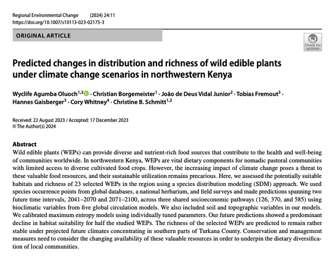 Title and abstract of 'Predicted changes in distribution and richness of wild edible plants under climate change scenarios in northwestern Kenya'