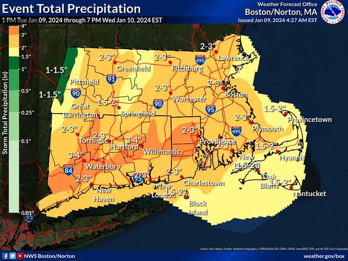 A map of forecast rainfall across southern New England, widespread 2-3 inches of rain with locally higher amounts of 4 inches is possible. 