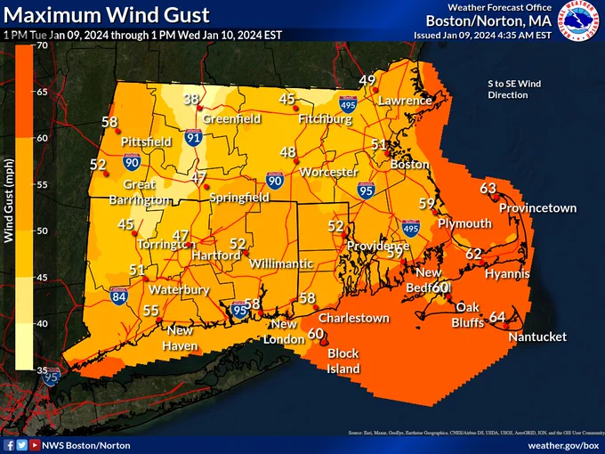 A map of southern New England showing projected wind gusts. The strongest gusts are across the eastern coast of Massachusetts and southern Rhode Island where gusts may exceed 60 to 65mph. Further inland wind gust are less intense, 45 to 55mph from Hartford to Providence to Boston. 