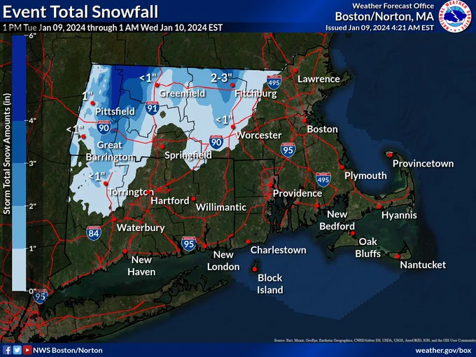 Snowfall forecast across southern New England.  Quick burst of snow, ranging from 2-4 inches on the east slopes of the Berkshires to locally 5 inches along the southern Vermont border. Northern hills of Worcester County may see 1-2 inches, mainly north of the city of Worcester, with the best chance of 3 inches along the New Hampshire border. 