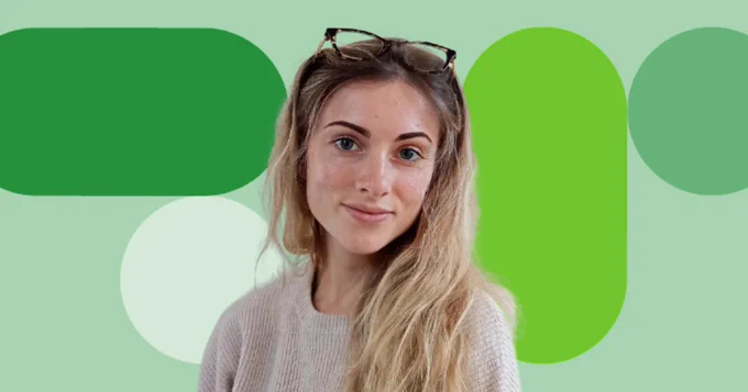 Holly Ellard headshot against a light green background with circle and pill shapes in various shades of green. 