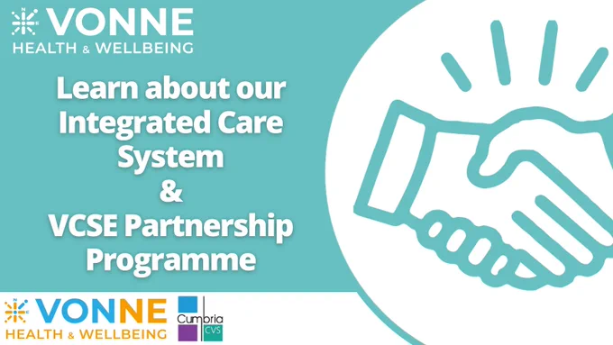 An image with a light blue background with a white circle to the right. In the circle, on the right side of the card there are two hands shaking. Learn about our integrated care system and VCSE Partnership Programme is in white text at the centre of the graphic.