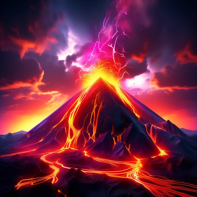 "Volcano eruption in a futurist video game world, neon color palette, sharp geometric shapes, matte surface textures, ambient occlusion, high contrast lighting, dynamic skybox with digital artifacts, post-processing effects"