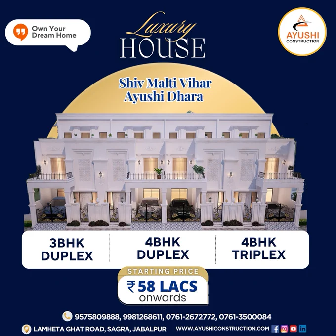 Unlock the door to your aspirations and 'Own Your Dream Home' – where every corner echoes the story of your success and comfort. Make your dreams a reality today!
Starting from Rs. 58 Lacs
Call us: 9575809888, 9981268611, 0761-2672772, 0761-3500084
Visit us: Lamheta Ghat Road, Sagra, Jabalpur
#ayushiconstruction #shivmaltivihar #ayushidhara #duplexforsale #triplexforsale #3bhkhomes #jabalpurbesttownship #bestpropertyinjabalpur #besttownshipinjabalpur