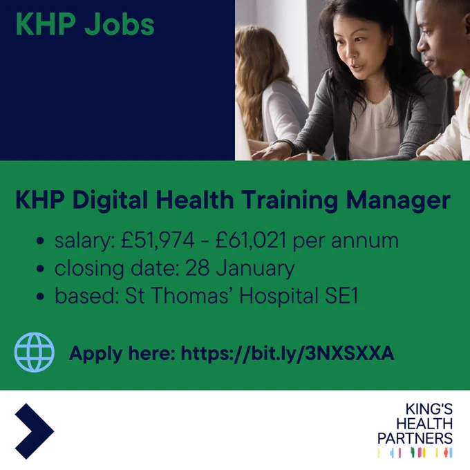 KHP Jobs.
KHP Digital Health Training Manager
- salary: £51,974 - £61,021 per annum
- closing date: 28 January
- based: St Thomas' Hospital SE1
Apply here: https://bit.ly/3NXSXXA
