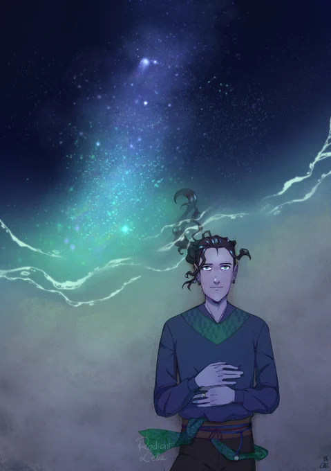Illustration of a man with purple skin lying on the sand, looking up. The water to which his hair is flowing into is reflecting the starry sky.