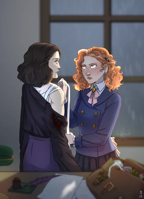 Two white women in a room, a desk in front of them. They are looking at each other while the ginger one bandages the brunette's shoulder. Through a window, there is rain outside.