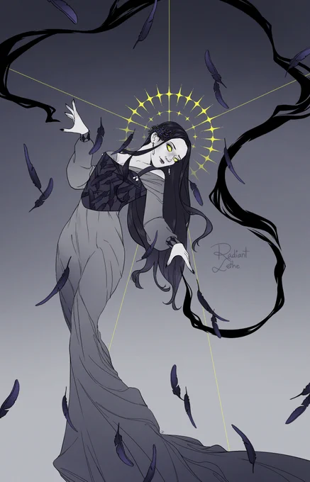 Illustration of a woman with pale grey skin and long dark hair and bright yellow eyes. Behind her head is a halo in the same yellow and there are strings flowing from it to different directions. There are feathers falling about her and shadows arching from one of her hands to another.