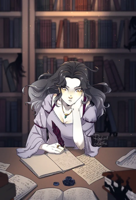 Illustration of a woman writing at a desk, shelves of books behind her. She is leaning her face on her hand, the other one writing with a quill. She has white skin with golden blushes and her hair is floating about her, with a dark grey to light grey gradient. There are shadowy forms hidden in the picture.