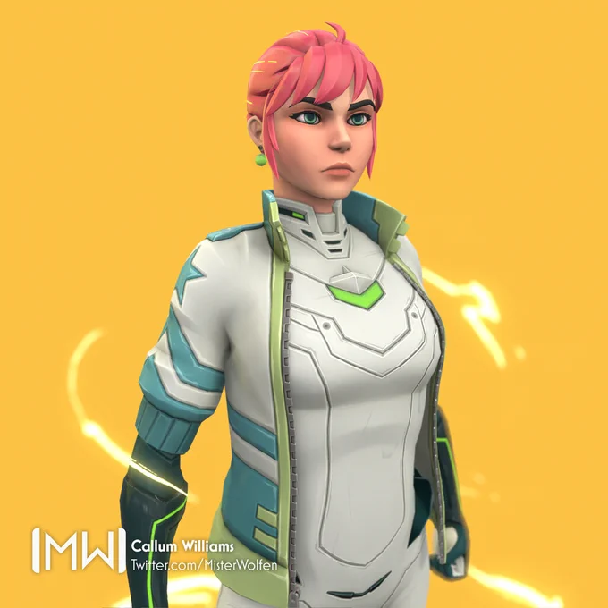 An image of a 3D rendition of the artist Caleb Thomas' character Annie Mei, in a similar style to overwatch.