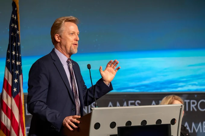 Dr. Kurt “Spuds” Vogel delivers remarks during a Moon to Mars Town Hall, Thursday, May 18, 2023, at the Mary W. Jackson NASA Headquarters building in Washington. Photo Credit: (NASA/Keegan Barber)