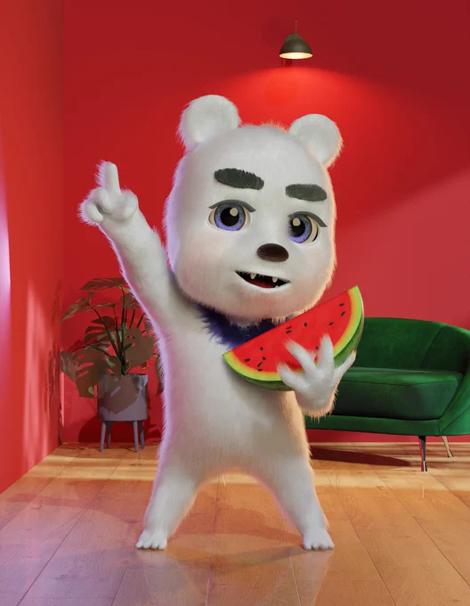 白いツキノワグマのCGキャラクターがスイカを持ってポーズを決めている。背景には赤い壁紙に緑のソファが見え、パレスチナを連想させるようなカラーリング。