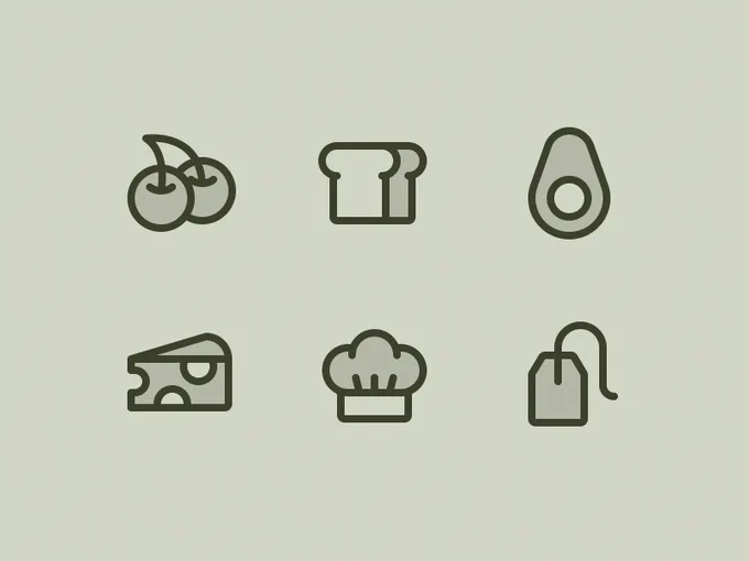 An image of six icons: cherries, sliced bread, avocado, cheese wedge, chef's hat, and tea bag.