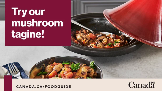 Mushroom tagine, a recipe from Canada’s food guide kitchen. Text reads: Try our mushroom tagine!