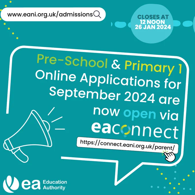Online applications for a Pre-School or Primary 1 place for September 2024 are now open via EA Connect.  