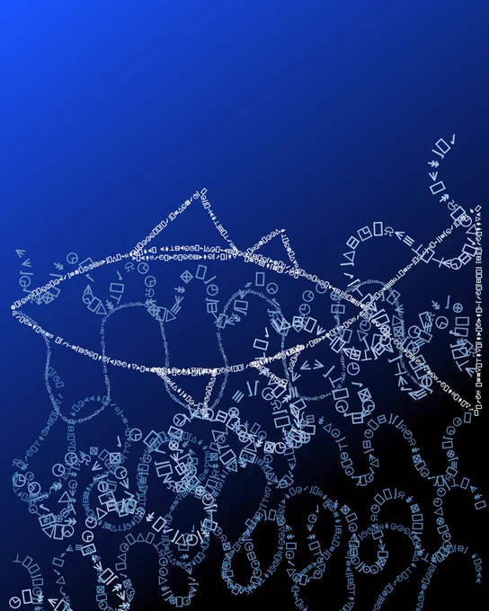 The outline of a fish (white, of course) and overlapping wavy meanders all consisting of a sequence of weird (ISO 2047) symbols. The background is a deep abyssal blue.