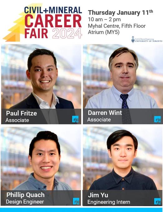 Civil   Mineral Engineering (@civmin ) Career Fair Thursday January 11th at the University of Toronto (@UofT ).
Visit RJC 10am – 2pm at Myhal Centre, 5th floor (MY5) & learn how you can design your engineering career with us!
https://bit.ly/3TVqvtf
#engineeringcareers