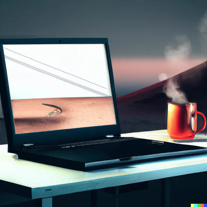 Auf einem weißen Tisch steht ein aufgeklappter Laptop, der eine stilisierte Wüstenlandschaft mit einer Schlange (?) im Vordergrund zeigt. Daneben ein orange-farbener, dampfender Kaffeebecher. 
Bild: DALL·E | AI Prompter: Claudia Piesche, Dr. Gabriele Schwiertz