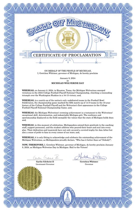 The Certificate of Proclamation by Governor Gretchen Whitmer announcing January 9,2024 as Michigan Wolverine Day.
