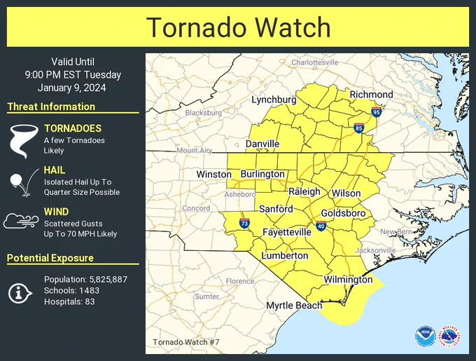 This graphic displays Tornado Watch watch number 7 plotted on a map. The watch is in effect until 9:00 PM EST. The watch includes parts of North Carolina and Virginia. The threats associated with this watch are a few tornadoes likely, isolated hail up to quarter size possible and scattered gusts up to 70 mph likely. There are 5,825,887 people in the watch along with 1483 schools and 83 hospitals.