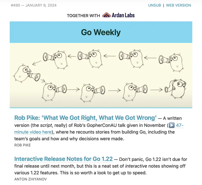 Screenshot of an issue of Golang Weekly, an email newsletter. 