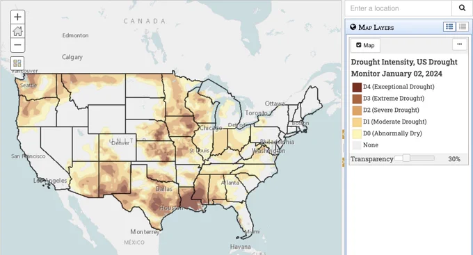 Various levels of drought around the US. Dark red indicates more severe drought, light yellow indicates less severe drought.