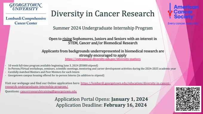 Flyer with black and pink text on a white and pink background advertising Georgetown University's Diversity in Cancer Research summer internship program. For more details, and to apply, https://lombardi.georgetown.edu/education/diversity-in-cancer-research-undergraduate-internship-program/