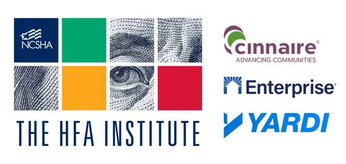 Text reading, "HFA Institute", NCSHA, Cinnaire, Enterprise Community Partners, and Yardi logos

