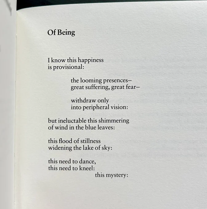 Of Being


I know this happiness
is provisional:

the looming presences—
great suffering, great fear—

withdraw only
into peripheral vision:

but ineluctable this shimmering
of wind in the blue leaves:

this flood of stillness
widening the lake of sky:

this need to dance,
this need to kneel:
this mystery: