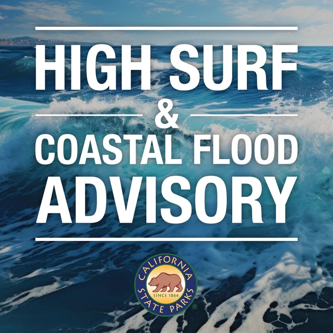 Image of high tide with rough waters. Text reads: High surf and coastal flood advisory.