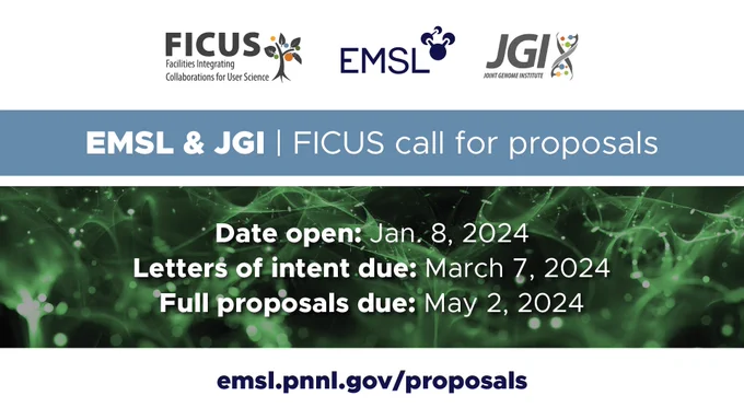 EMSL & JGI - FICUS Call for Proposals; Date Open: Jan. 8, 2024, Letters of intent due: March 7, 2024; Full proposals due: May 2, 2024