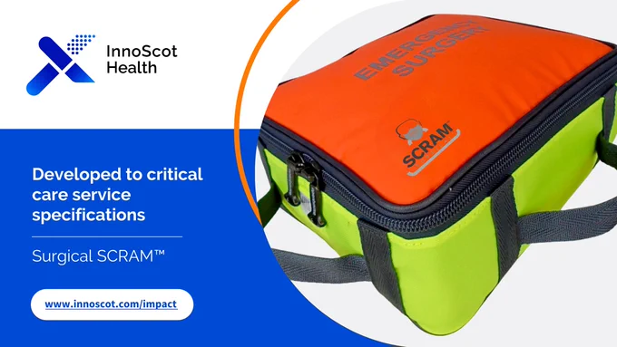 The Surgical SCRAM™ Bag pictured against a white background, alongside the text - "Developed to critical care service specifications. Surgical SCRAM™"