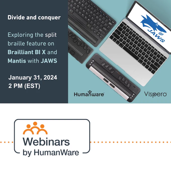 Several braille note-takers surrounding a laptop whose screen displays the JAWS logo.
