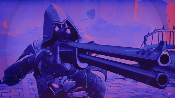 Image of Omen aiming the Outlaw to the right. Purple overlay over the entire image.
