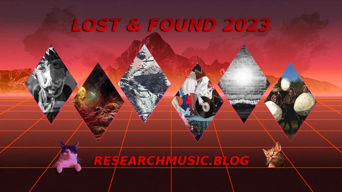 retrofuturistic landscape with mountains, featuring two kitties and six diamond-shaped covers  of albums that are featured in the article
