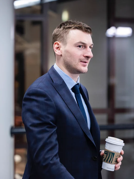 Zach Hyman arriving at United Center with a coffee.