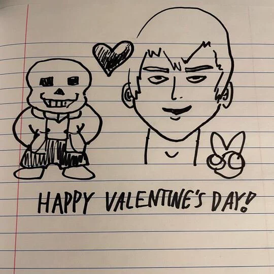 a marker illustration on lined paper of sans and reigen arataka from mob psycho with a heart between them. my dad called me as I was writing this alt text requiring me to stare at the thumbnail of this for an additional 3 minutes.